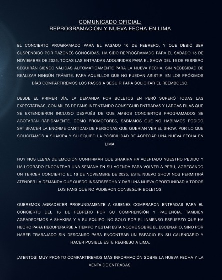 Anuncian reprogramación del show postergado de Shakira y tercer concierto en Lima.