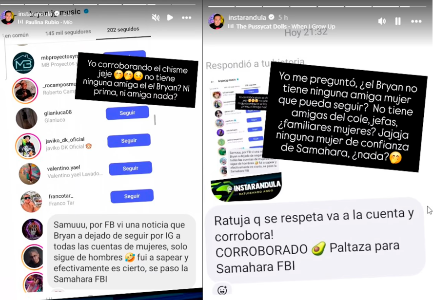 Instarndula reporta que Bryan Torres dej a seguir a mujeres en Instagram.