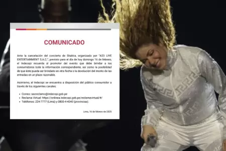 Indecopi advierte sobre cancelacin de concierto de Shakira