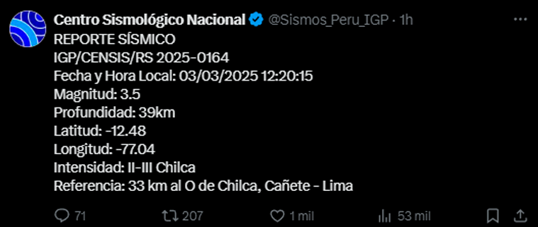 Tercer sismo de 3.5. al oeste de Chilca, Caete, Lima.