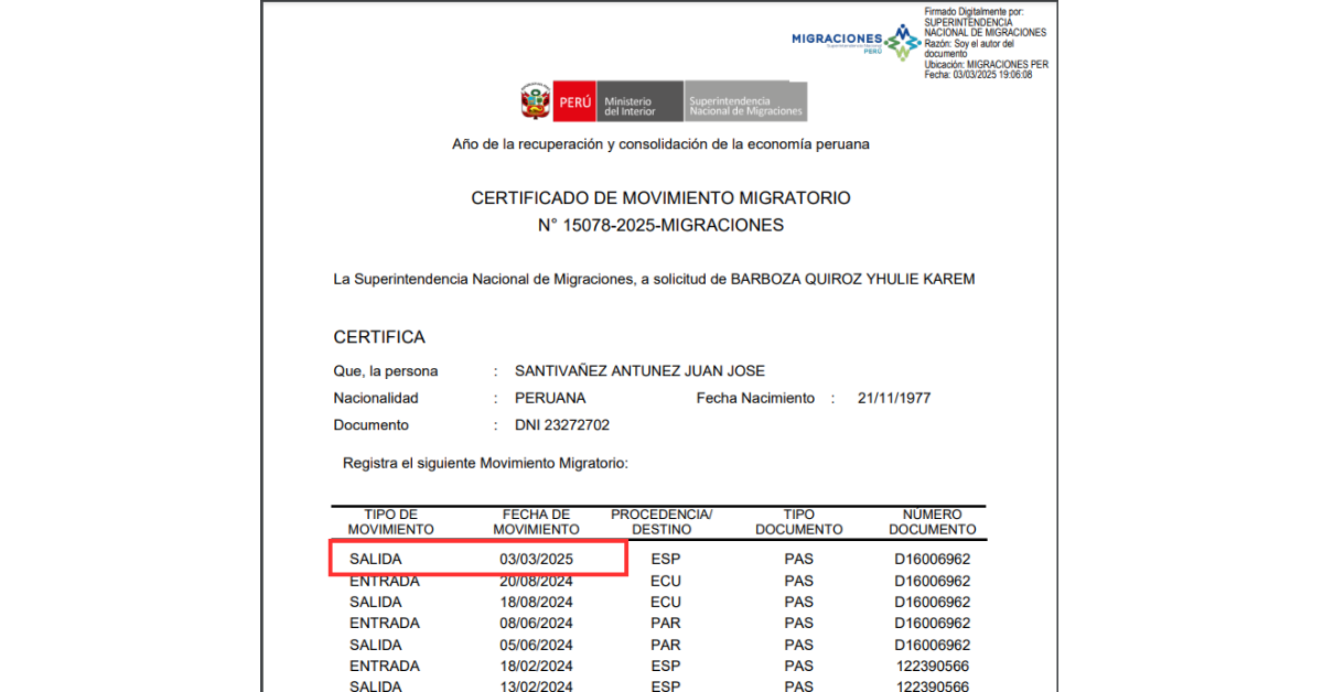 Registro migratorio de Juan Jos Santivez reporta salida este lunes 3 de marzo. Fuente: Migraciones.