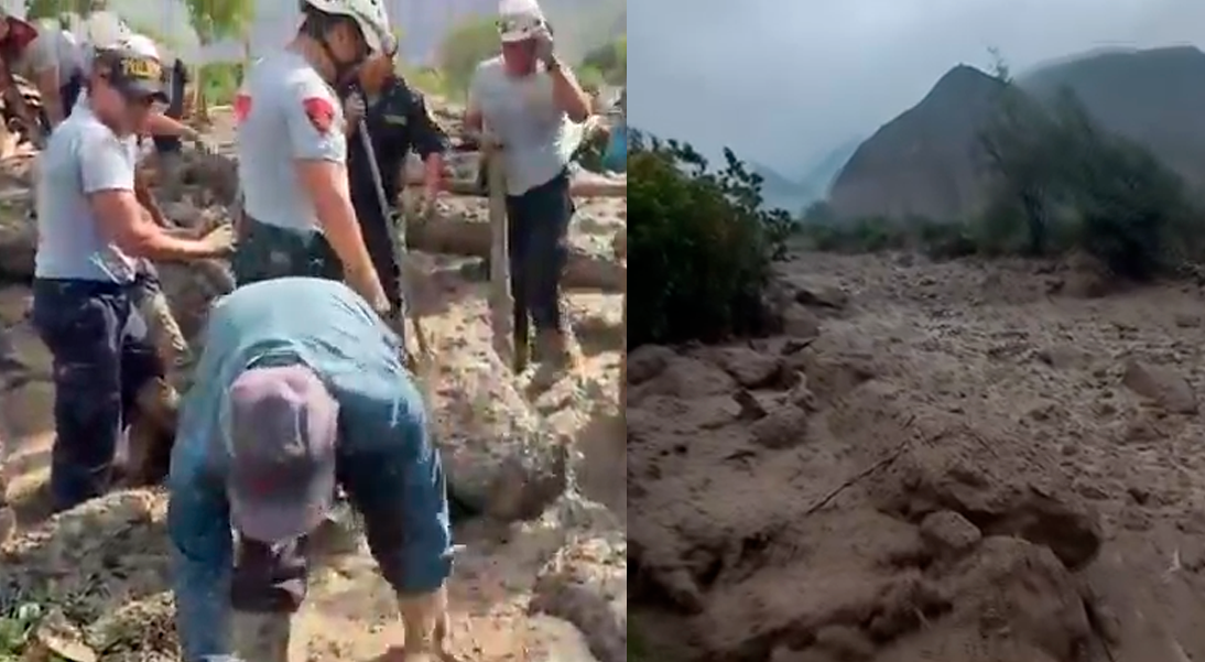 Brigadas de la PNP y pobladores trabajan en conjunto para salvar a vctimas por cada de huaico.