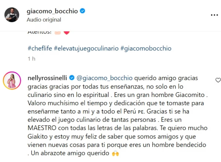 Mensaje de Nelly Rossinelli a Giacomo Bocchio.