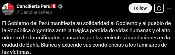 Gobierno peruano mostr solidaridad por desastre natural en Argentina.