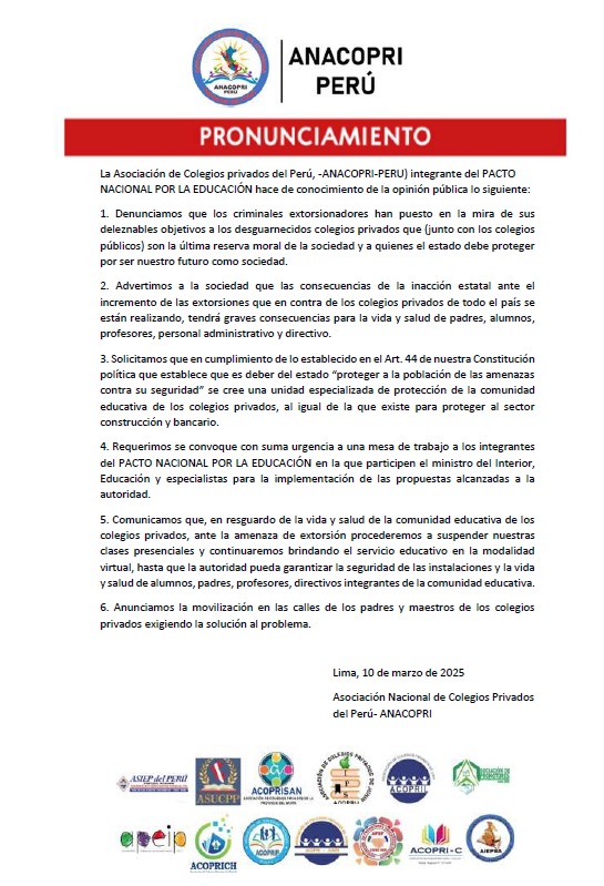 Anacopri exige medidas de seguridad tras extorsin a colegios.