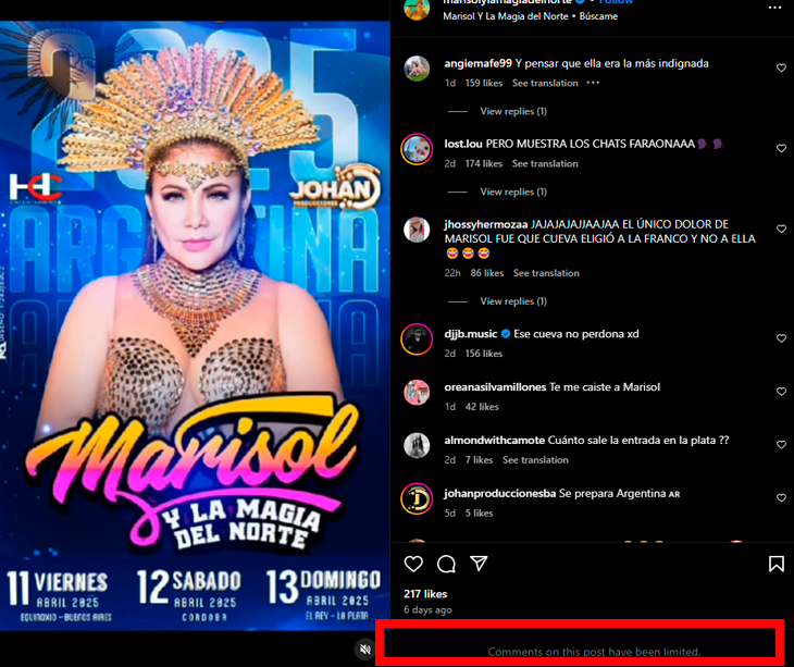 Marisol decide limitar los comentarios en sus redes sociales.