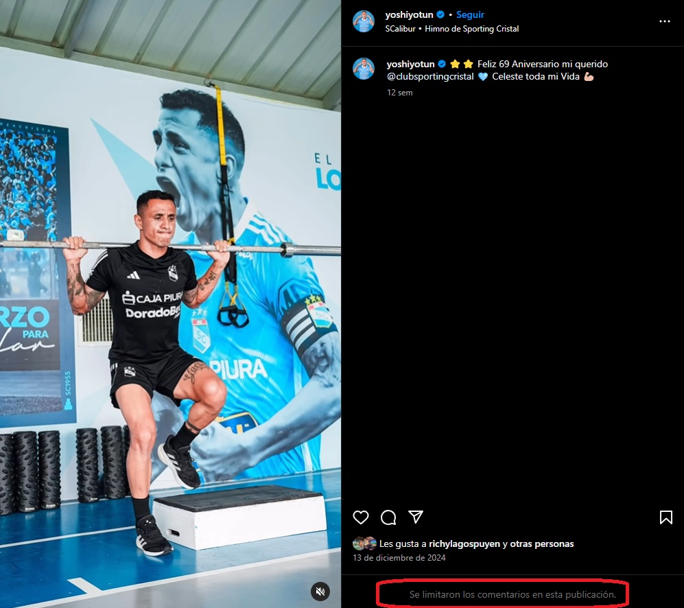 Yoshimar Yotún desactiva los comentarios de sus publicaciones
