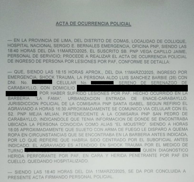 Acta de ocurrencia policial Carabayllo