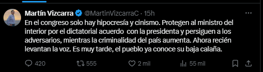 Martn Vizcarra cuestiona demora del Parlamento para censurar a Santivez.