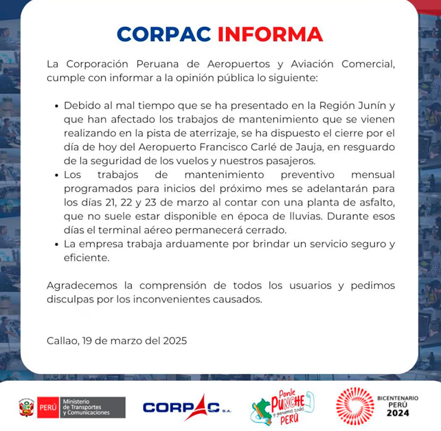 Corpac anuncia fechas de mantenimiento de la pista de aterrizaje del aeropuerto de Jauja.