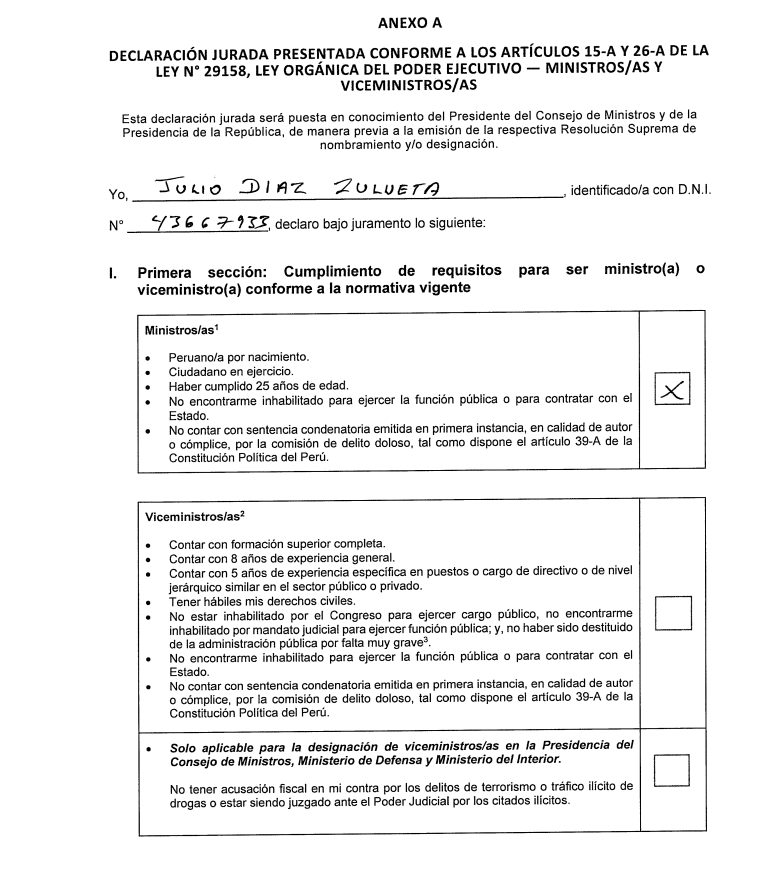 Declaracin Jurada de Julio Diaz Zulueta