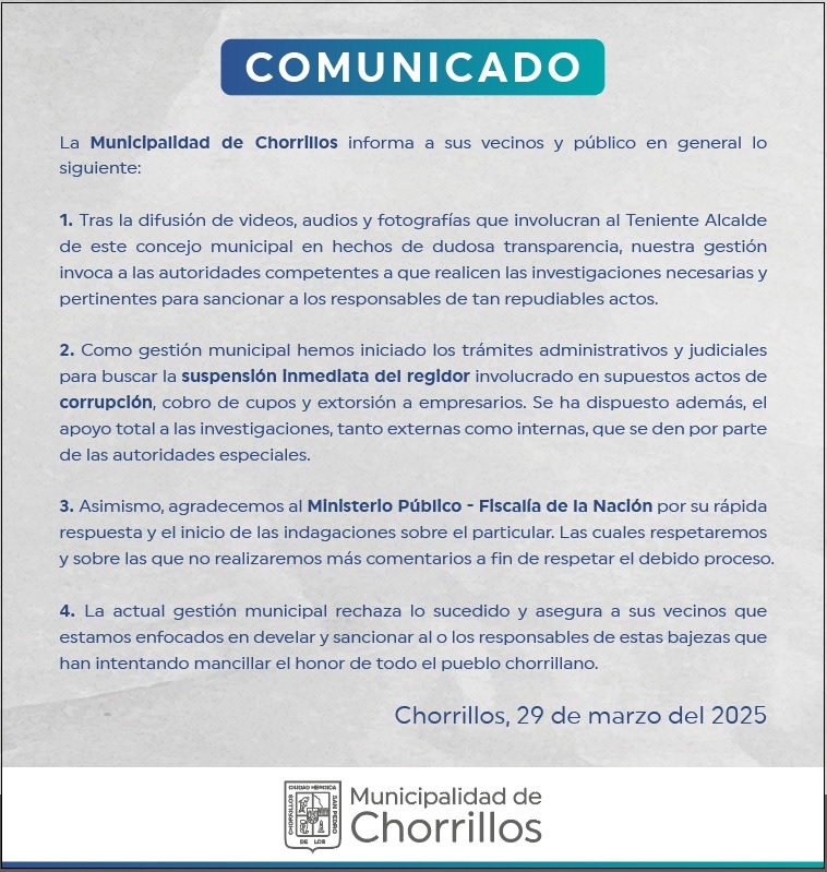 Comunicado de la Municipalidad de Chorrillos