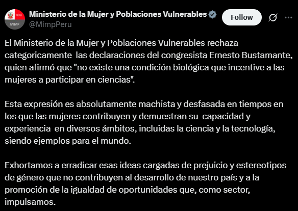 MIMP mostr su total rechazo por las declaraciones del congresista de Fuerza Popular.