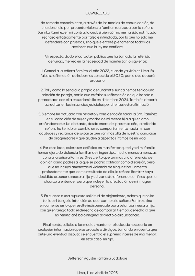 Comunicado de Jefferson Farfán sobre denuncia de Darinka Ramírez.