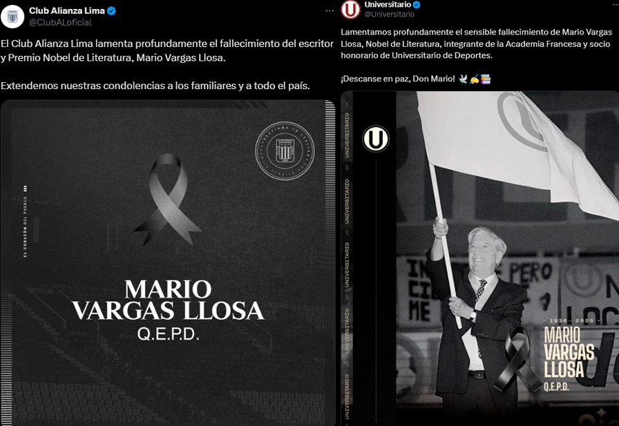 Alianza Lima y la 'U' se despiden de Mario Vargas Llosa con emotivo mensaje.
