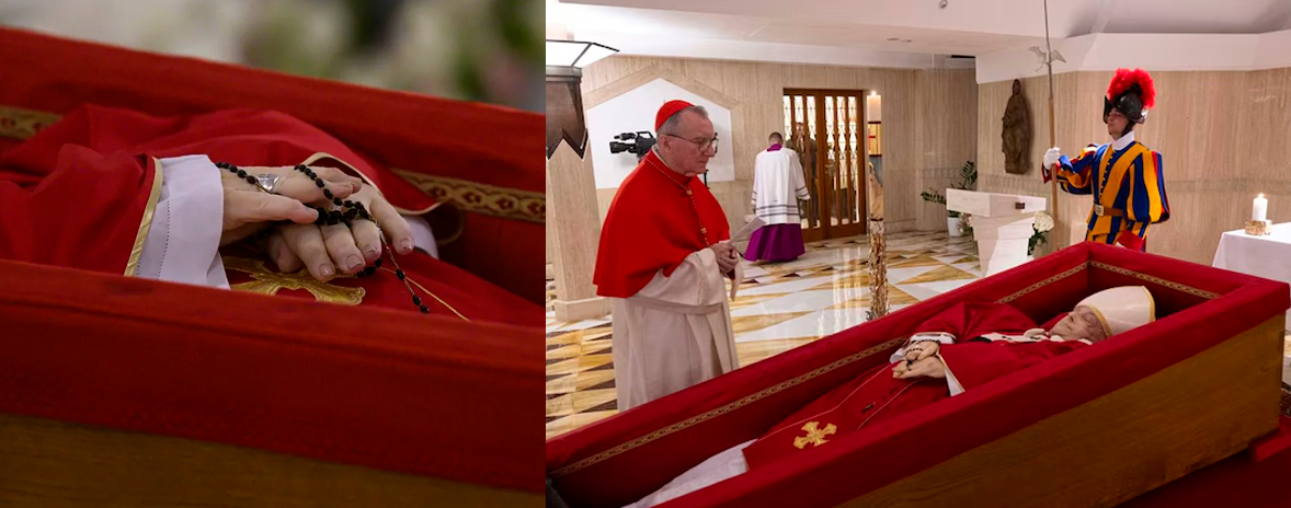 El camarlengo, el cardenal Kevin Joseph Farrel, ante el ataúd del papa Francisco en el rito de constatación.