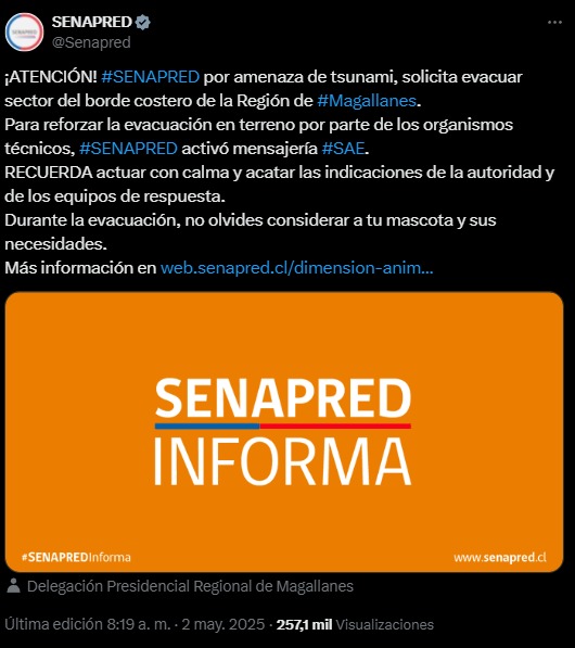 SENAPRED de Chile solicita evacuar zona costera de Magallanes.
