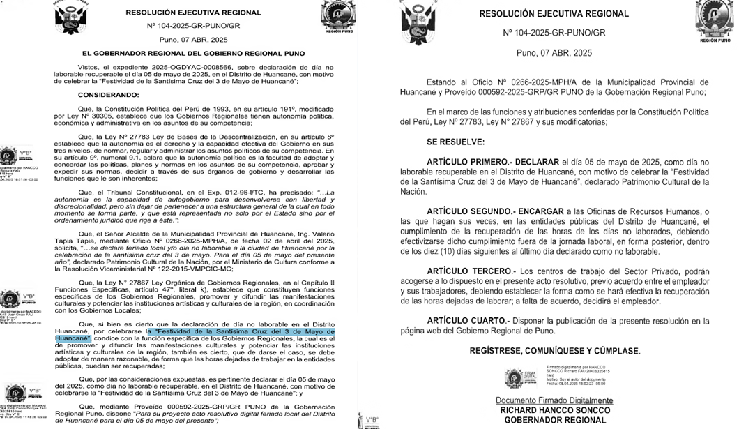 Resolucin Ejecutiva Regional N. 104-2025-GR PUNO GR que establece 5 de mayo como da no laborable.