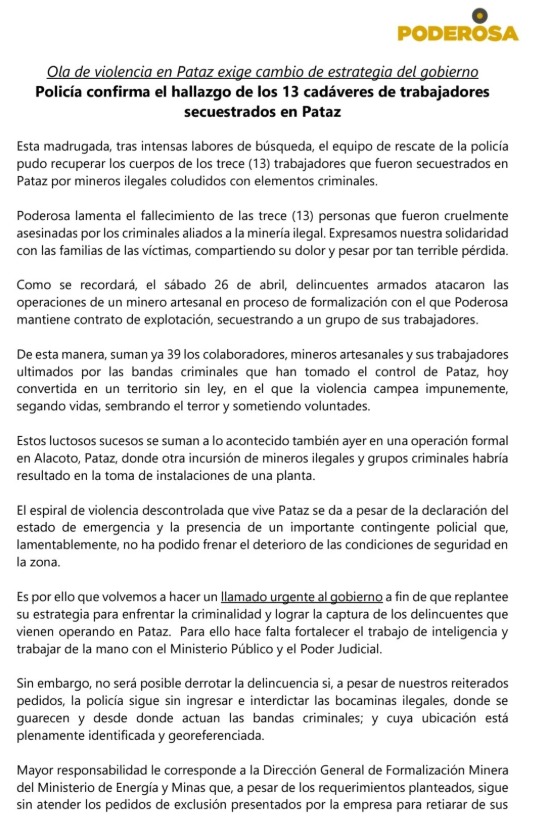 Poderosa emite comunicado tras el hallazgo de 13 trabajadores muertos.