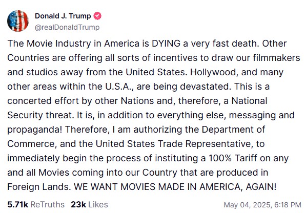 Trump anuncia arancel del 100% a pelculas extranjeras en Estados Unidos.