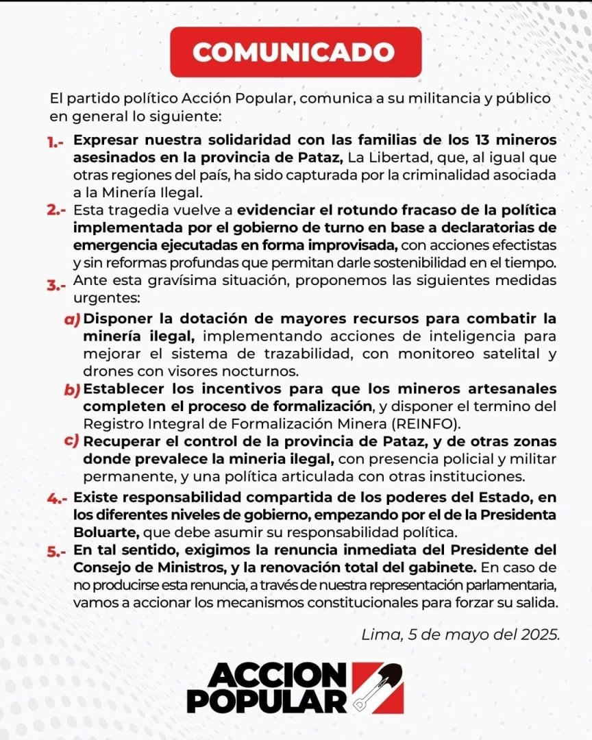 Accin Popular exige la salida de Gustavo Adrianzn y su gabinete.