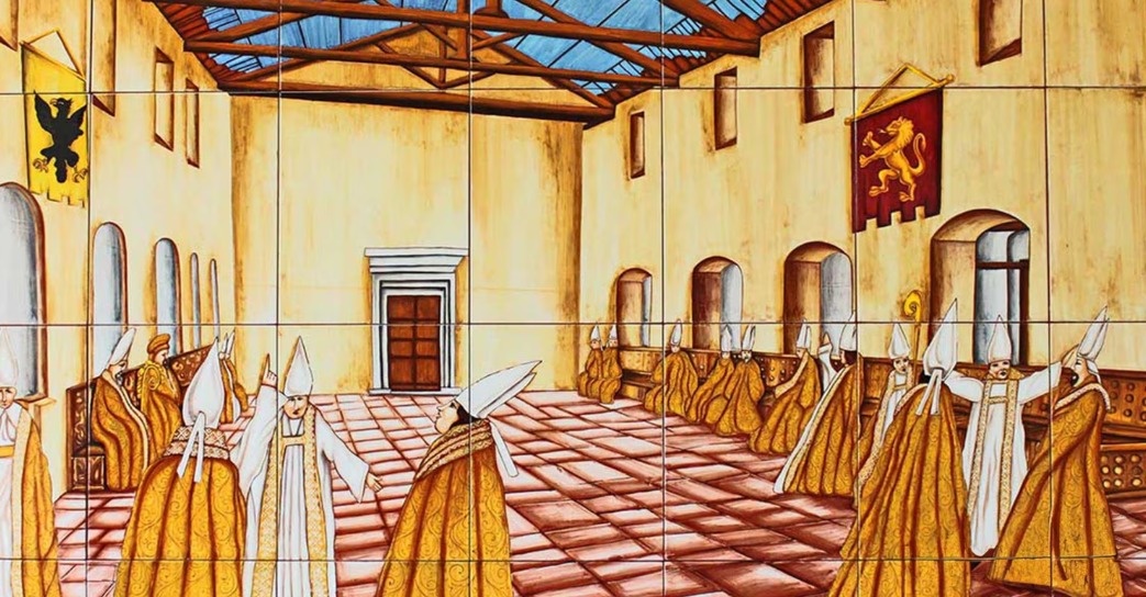 Azulejo que representa a los cardenales encerrados en el Palacio Papal de Viterbo.