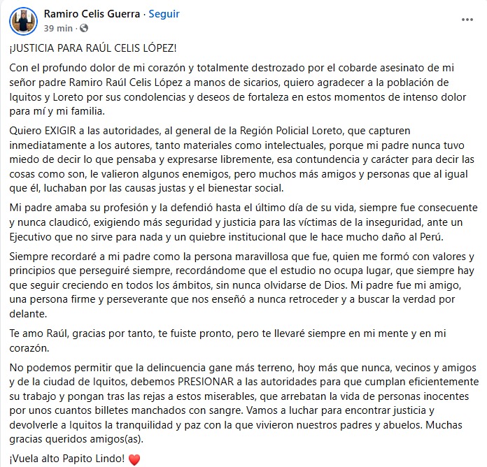 Comunicado del hijo de Ral Celis.