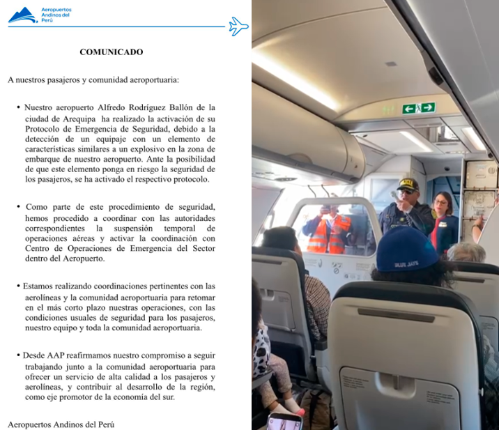 Activan protocolos de seguridad tras alerta de posible bomba en un avin en aeropuerto de Arequipa.
