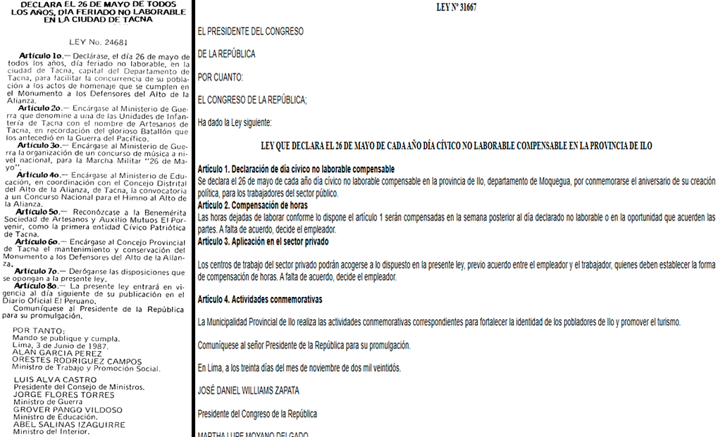 Leyes N 31667 y N 24681 declaran el 26 de mayo como da no laborable en Ilo y Tacna.