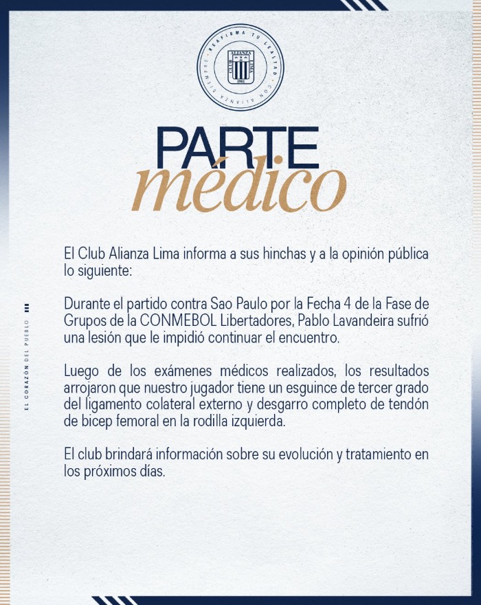Comunicado de Alianza Lima sobre lesin de Pablo Lavandeira.