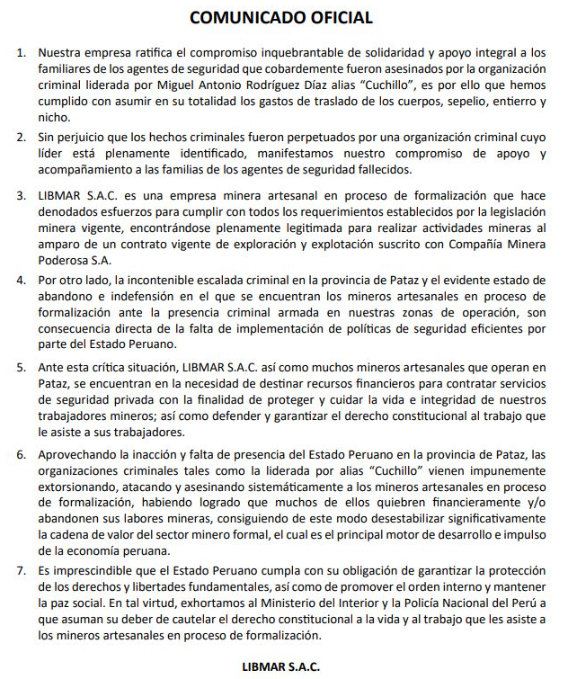 Libmar S.A.C. denunci inaccin y falta de presencia del Estado en Pataz tras asesinato de 13 trabajadores mineros.
