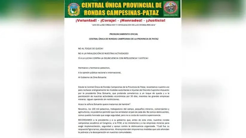 Comunicado de la Central nica Provincial de Rondas Campesinas - Pataz
