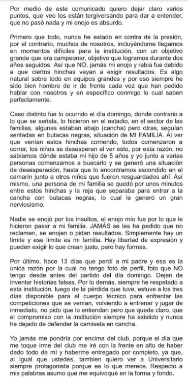 Comunicado de Rodrigo Urea tras hechos con hinchas de la 'U'.
