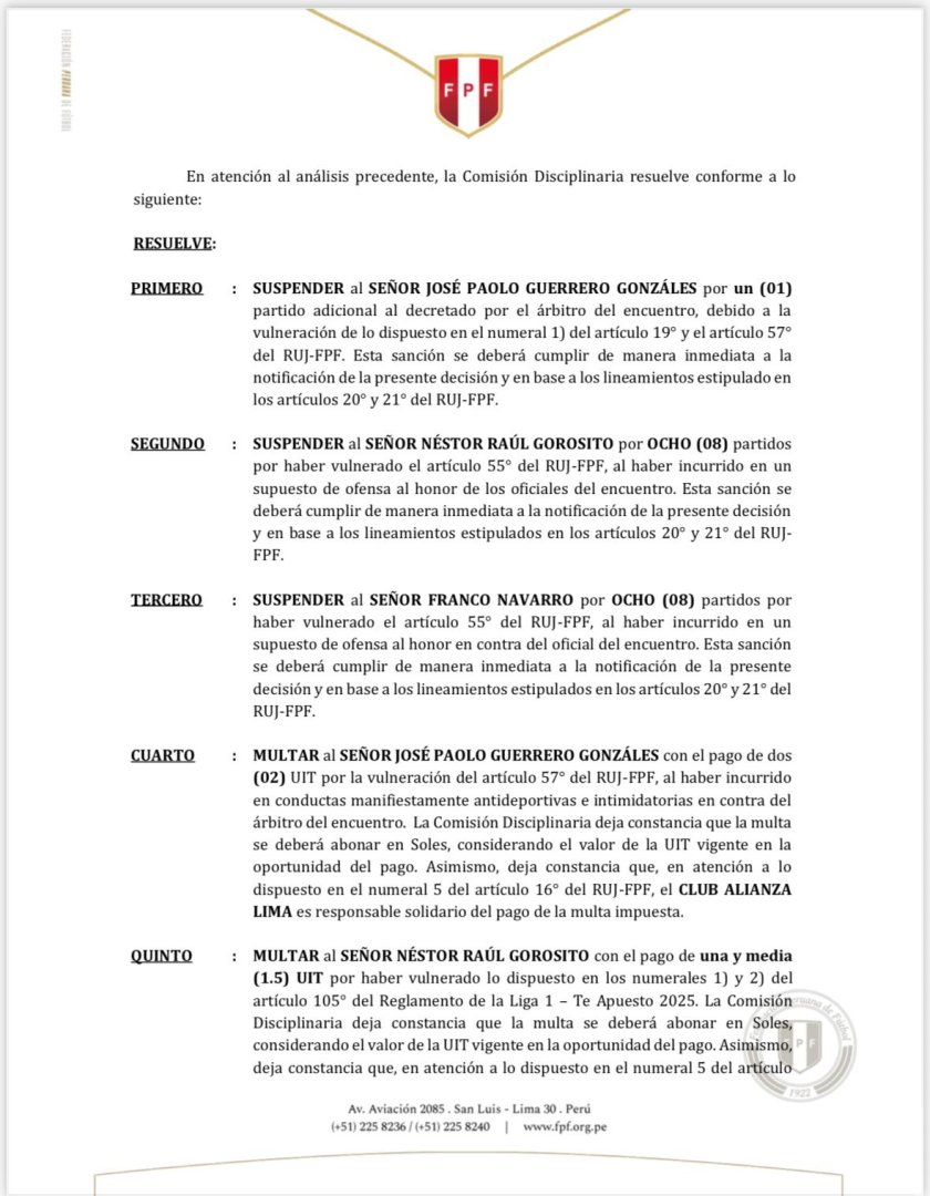 CD de la FPF sancion a integrantes de Alianza Lima.