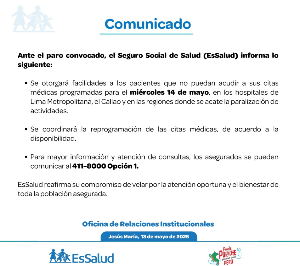 EsSalud da facilidades a pacientes por paro de transportistas.