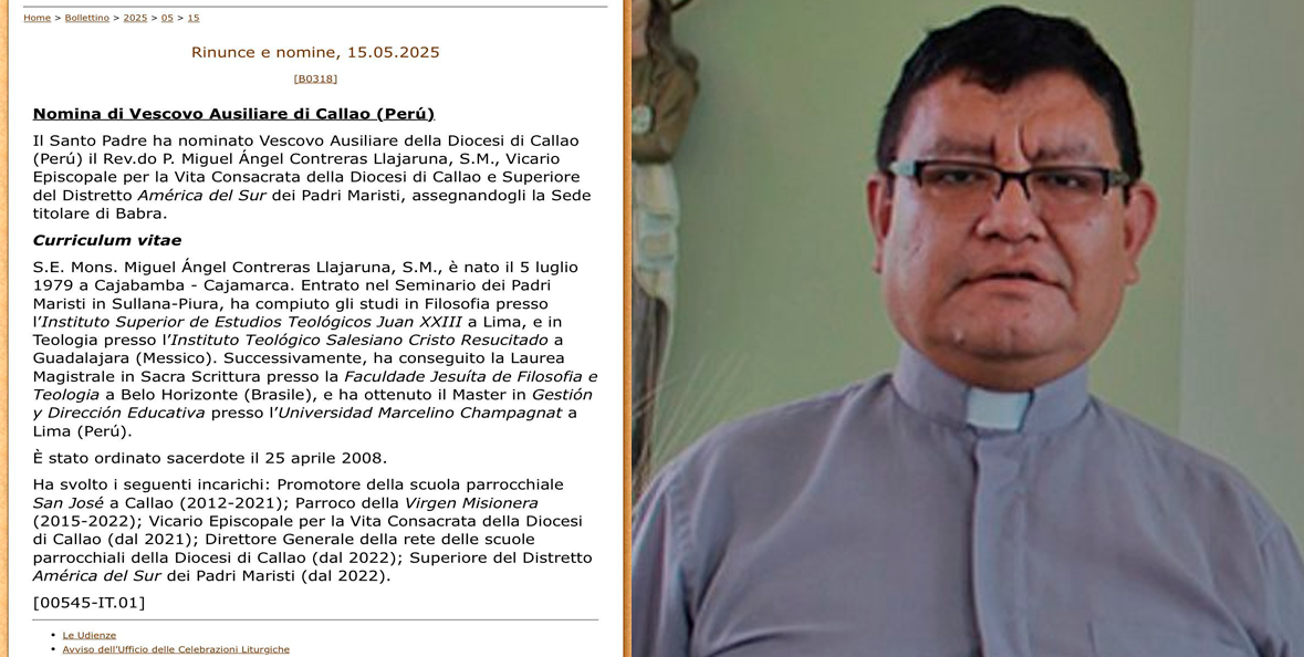 Papa Len XIV nombra a su primer obispo: el peruano, Miguel ngel Contreras Llajaruna.