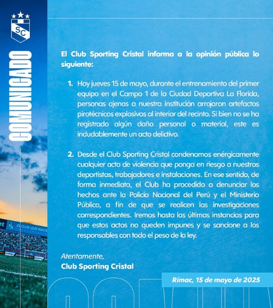 Sporting Cristal condena actos violentos de barristas en La Florida.
