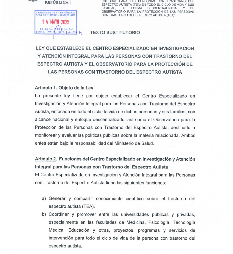 Congreso aprueba ley en favor de las personas diagnosticadas con TEA.
