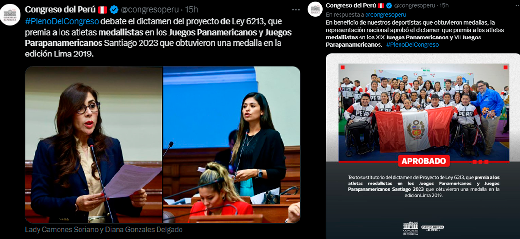 Congresistas aprueban dictamen que busca premiar a medallistas de Juegos Panamericanos y Parapanamericanos.
