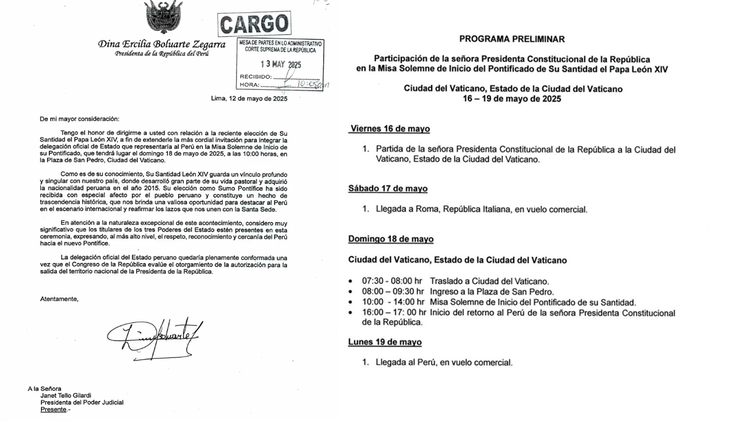 Solicitud de viaje de Dina Boluarte al Vaticano y su agenda preliminar para participar de la ceremonia de entronizacin del papa Len XIV.
