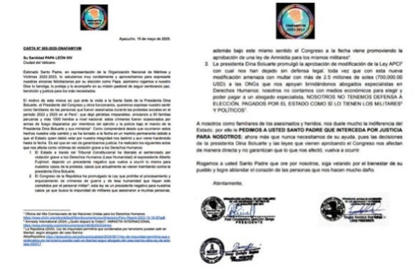 Carta enviada al Papa Len XIV donde piden que interceda por ellos.