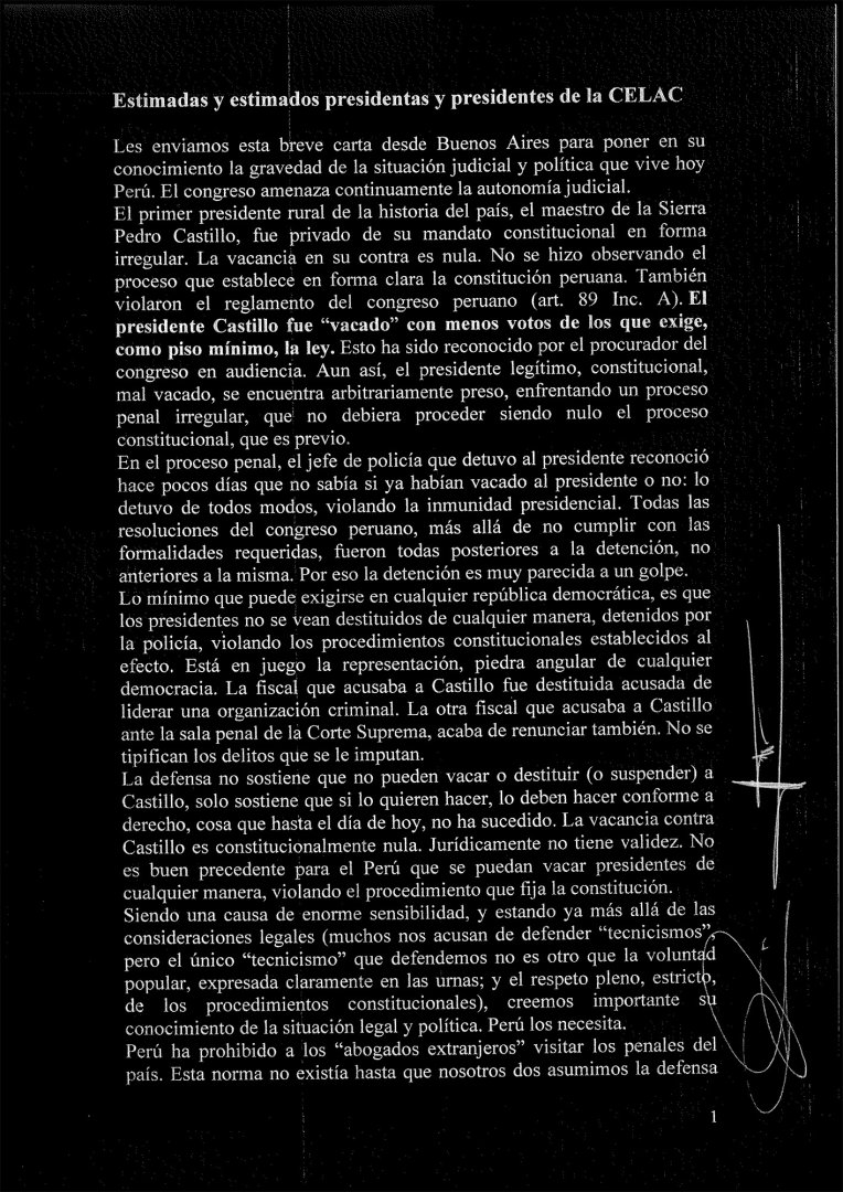 Carta de los abogados de Pedro Castillo.