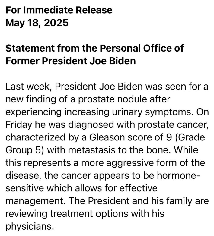 Comunicado dando a conocer el cncer de Joe Biden.