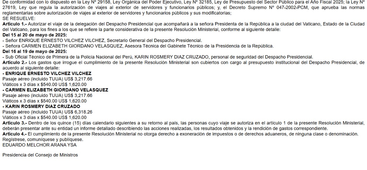 Esto es lo que gast la delegacin de Dina Boluarte en el viaje al Vaticano.