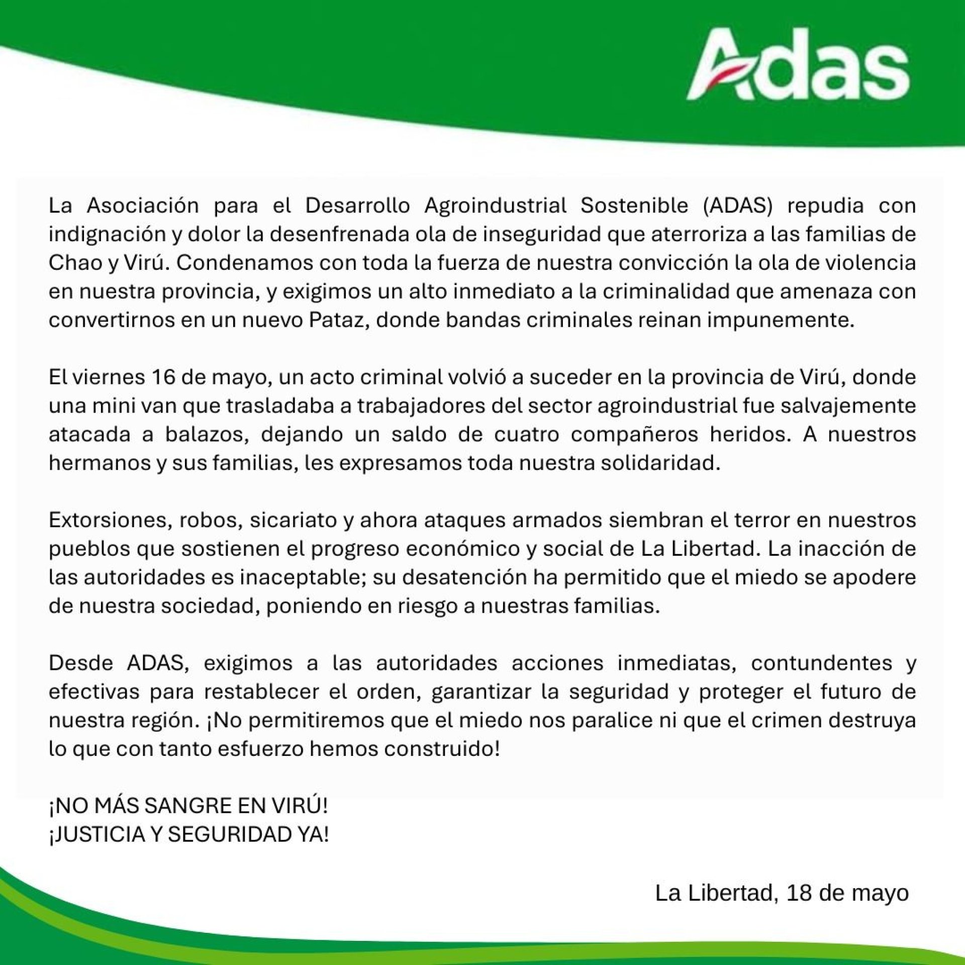 ADAS denuncia atentado a sus trabajadores.