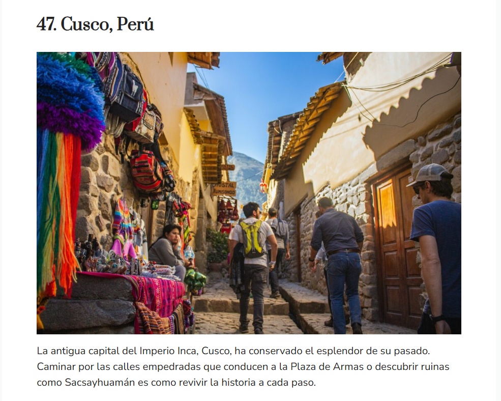 Cusco se ubica en el puesto 47 del ranking.