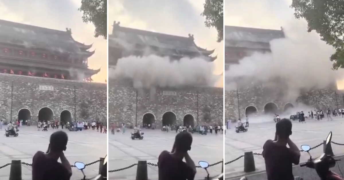 Video capta preciso instante del derrumbe de techo de la Torre del Tambor en China: Tenía más de 650 años