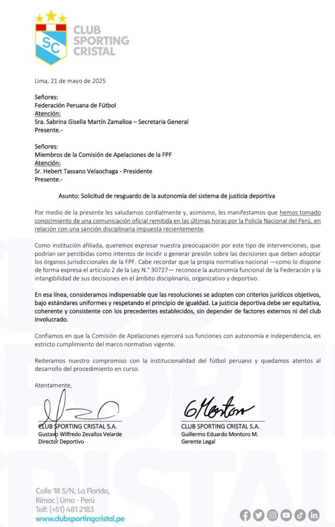 Sporting Cristal envi carta a la FPF.