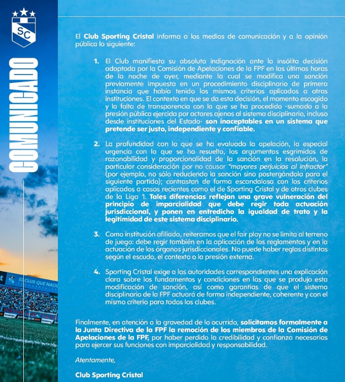El contundente comunicado de Sporting Cristal.