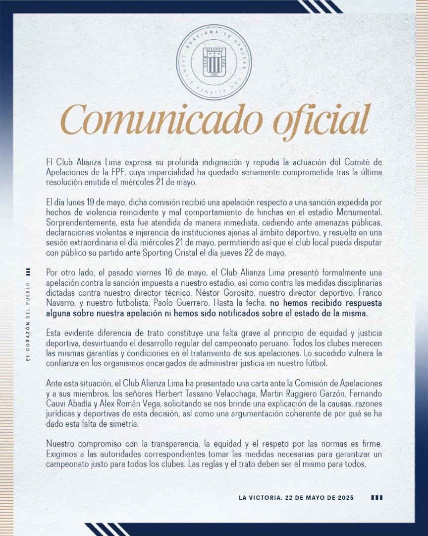 Comunicado de Alianza Lima contra fallo favorable a Universitario.